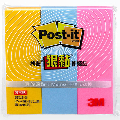 3M 思高牌 Post-it 631S-3狠黏利貼黃.藍.粉75*25mm