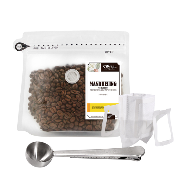 CoFeel 凱飛鮮烘豆黃金曼特寧中深烘焙咖啡豆半磅+不鏽鋼咖啡匙夾子+濾掛咖啡袋10入(SO0064T)
