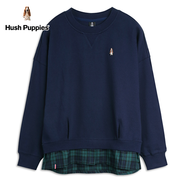 Hush Puppies 上衣 女裝下擺拼接格紋落肩長袖上衣