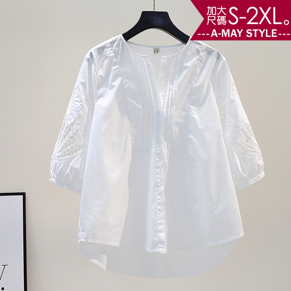加大碼-V領鏤空繡花寬鬆七分袖上衣(S-2XL)