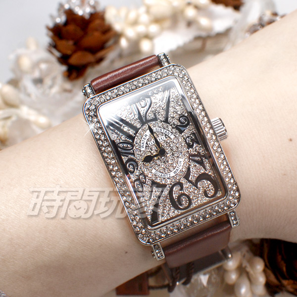 香港古歐 GUOU 閃耀時尚腕錶 滿鑽數字錶 長方型 真皮皮革錶帶 銀x深咖啡 G8201銀深咖