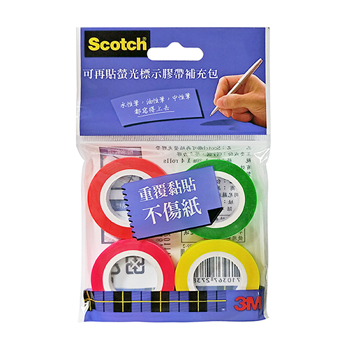 3M Scotch 思高牌 812R4 4色(混色)螢光膠帶補充組 9mmx20mx4R