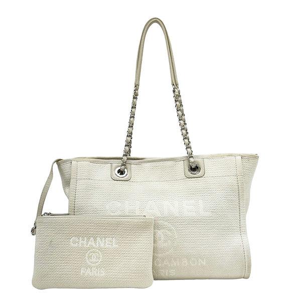 【二手名牌BRAND OFF】CHANEL 香奈兒 白色 棉布 Deauville Tote 沙灘 肩背 托特包