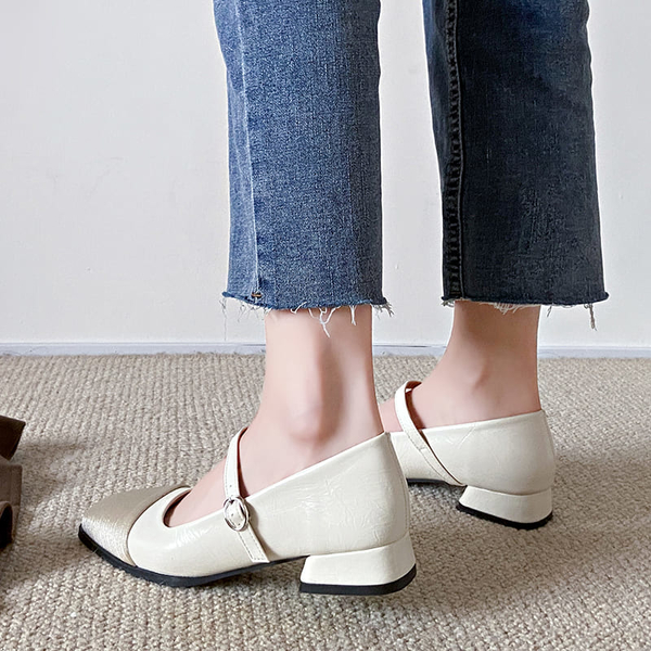 方頭鞋．氣質瑪莉珍皮革拼接粗跟包鞋．白鳥麗子 product thumbnail 7