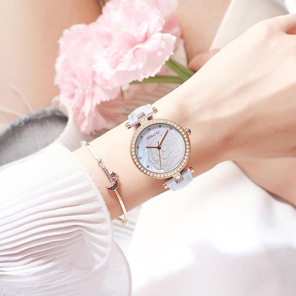 錶帶~女士手錶香奶奶同款浮雕山茶花鑲鉆真皮帶女錶潮流時尚手錶女