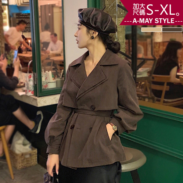 加大碼外套-率性雙層領澎袖短版風衣(S-XL)