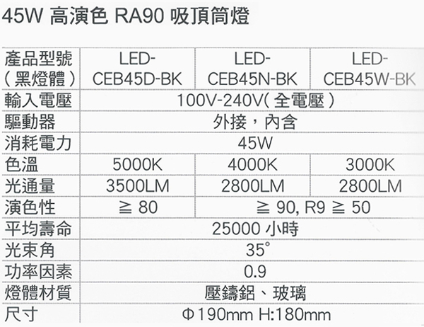 【燈王的店】舞光 LED 45W 黑鑽石 筒燈 黑框 全電壓 白光/自然光/暖白光 (適用六米) LED-CEB45-BK product thumbnail 3