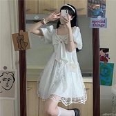 裙子女夏季新款韓版動漫服裝法式網紗拼接收腰顯瘦蝴蝶結方領短袖連衣
