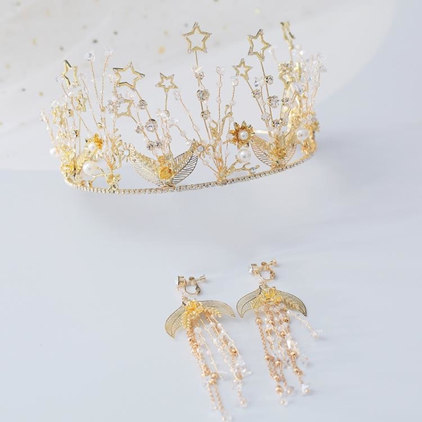TTyrae FU~2023新款新娘頭飾韓式金色皇冠發箍耳環套裝結婚禮服婚紗發飾王冠