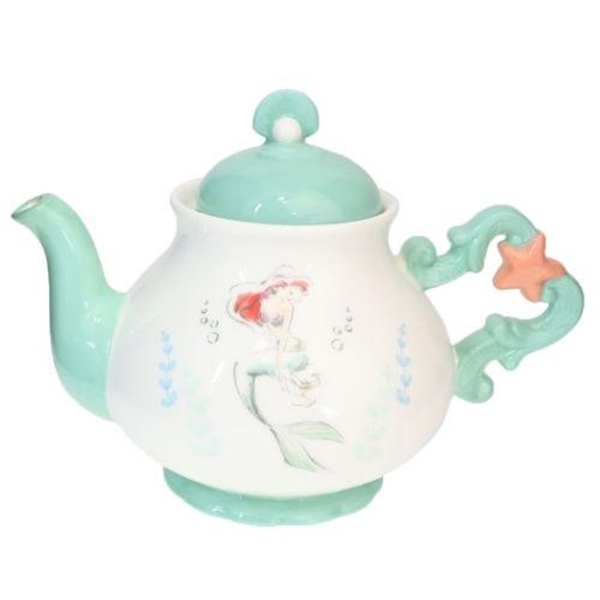 小禮堂 迪士尼 小美人魚 造型陶瓷茶壺 655ml (白綠海星款) 4942423-271260