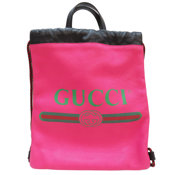 【二手名牌BRAND OFF】GUCCI 古馳 桃紅色 小牛皮 復古印刷圖騰LOGO 抽繩 後背包