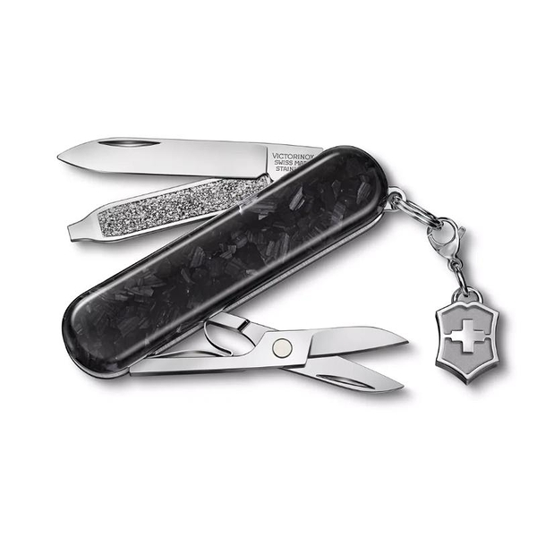 【Victorinox 瑞士維氏】瑞士刀CLASSIC SD BRILLIANT CARBON 5用刀 58mm-碳纖維(0.6221.90)