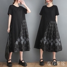 中/大尺碼洋裝 夏季針織棉拼接暗黑短袖法式連身裙遮肉顯瘦印花中長裙子