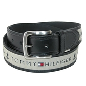Tommy Hilfig -黑色織帶皮革包邊皮帶