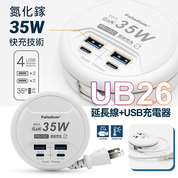 Palladium 35W閃充 PD+QC3.0 4Port 35W USB 氮化鎵 超級閃充電源供應器