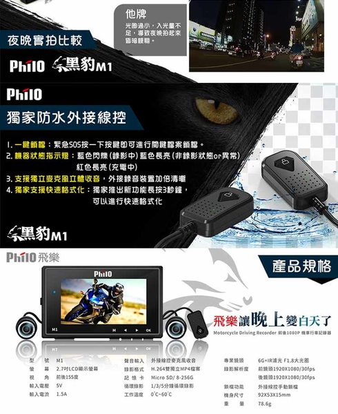 PHILO飛樂『Ｍ1 Plus』黑豹 TS碼流進化版Wi-Fi 1080P高畫質機車紀錄器 贈32G記憶體 product thumbnail 8