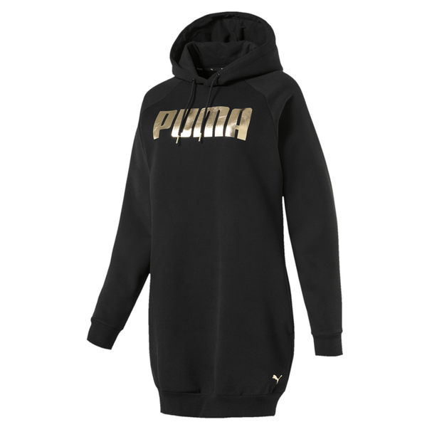 Puma Holiday 女 黑 長袖 帽T 連帽上衣 連身裙 長板T桖 運動 休閒 內刷毛 長袖 58185301