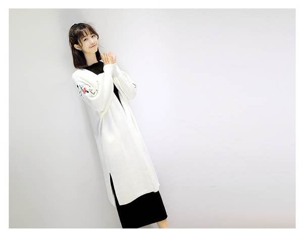 +M8400#韓版女裝寬鬆中長款刺繡開衫毛衣針織衫女  &小咪的店&