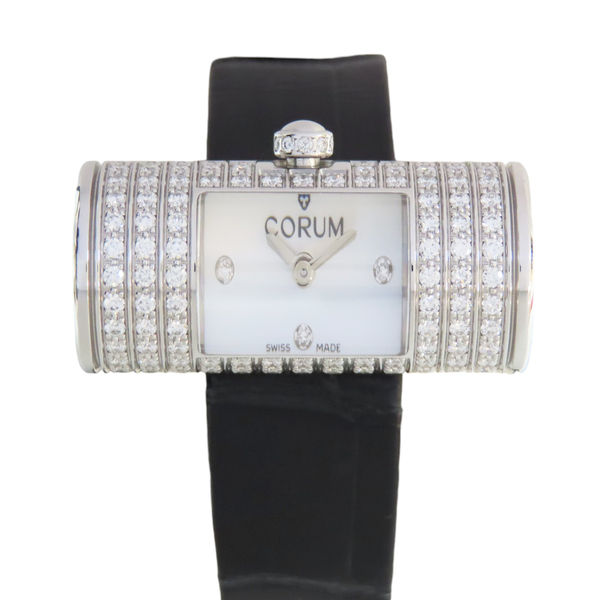 【二手名牌BRAND OFF】CORUM 崑崙 18白K 金 鑲鑽 限定款 圓筒 電波 腕錶 product thumbnail 2