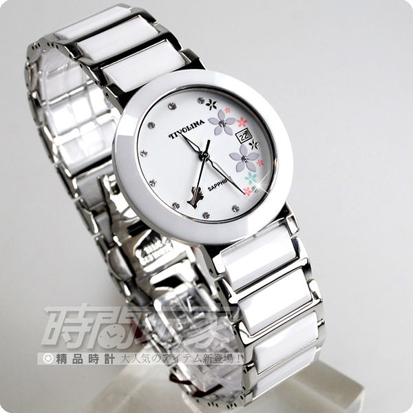 MAW3673WP TIVOLINA小花狗狗閃耀鑲鑽陶瓷圓錶，高質感不易磨損材質藍寶石水晶玻璃日期白面女錶