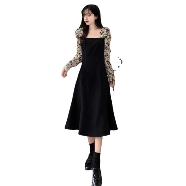 洋裝 魚尾連身裙 黑色方領女秋裝新款長袖氣質赫本風顯瘦魚尾裙女