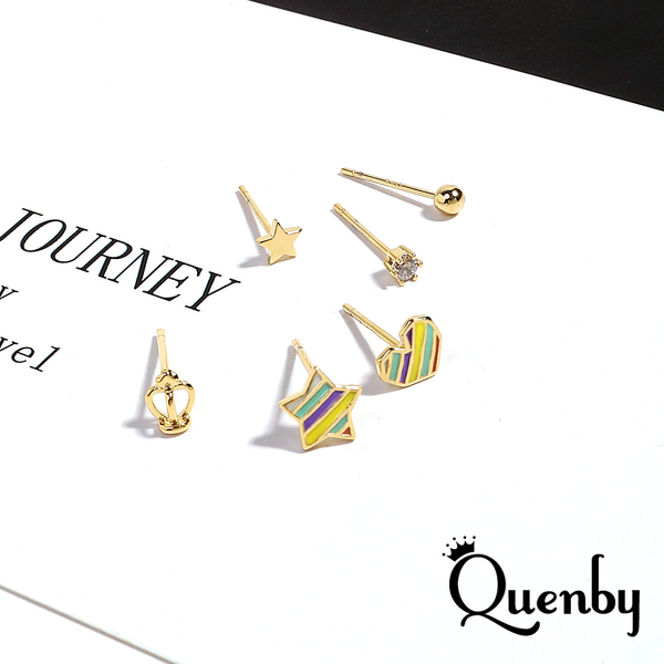 Quenby 925純銀 12件組簡約百搭迷你鋯石貼耳耳環/耳針-C款 product thumbnail 2