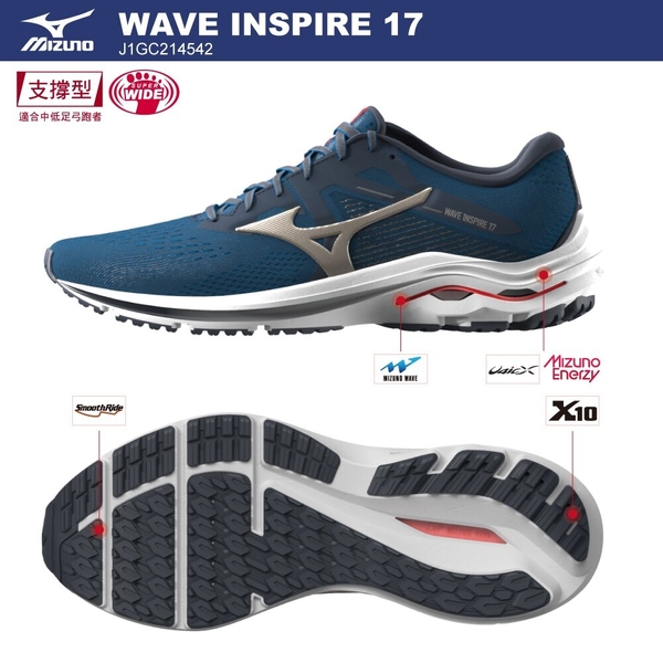 MIZUNO WAVE INSPIRE 17 SW 男鞋 慢跑 4E超寬楦 ENERZY中底 支撐 藍紅【運動世界】J1GC214542 product thumbnail 2