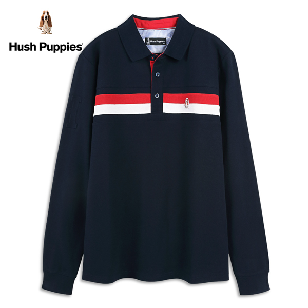 Hush Puppies POLO衫 男裝前胸配色剪接小狗繡標長袖POLO衫