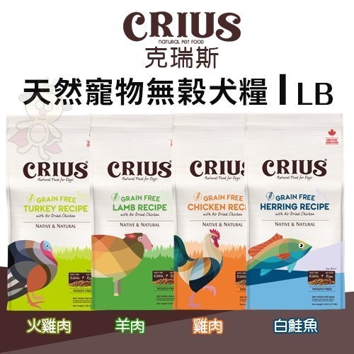 『寵喵樂旗艦店』CRIUS 克瑞斯天然寵物無榖犬糧1LB‧添加1%最高等級天然風乾肉塊‧犬糧