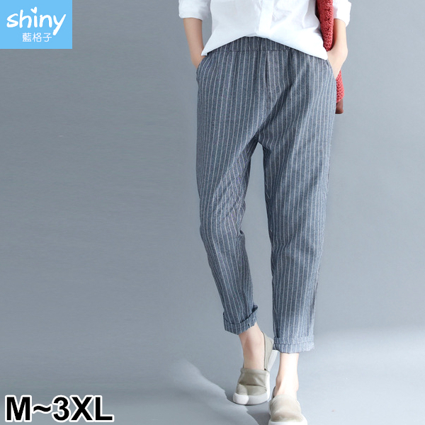 【V9437】shiny藍格子-穠纖合度．直條紋鬆緊腰休閒長褲