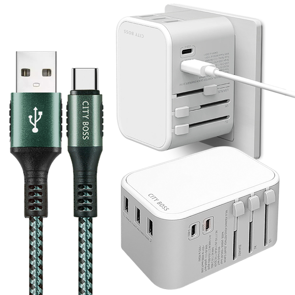 CITY萬用轉接頭急速充電器33W PD快充白+勇固 USB-A to Type-C 45W編織耐彎折快充線-綠120cm product thumbnail 2