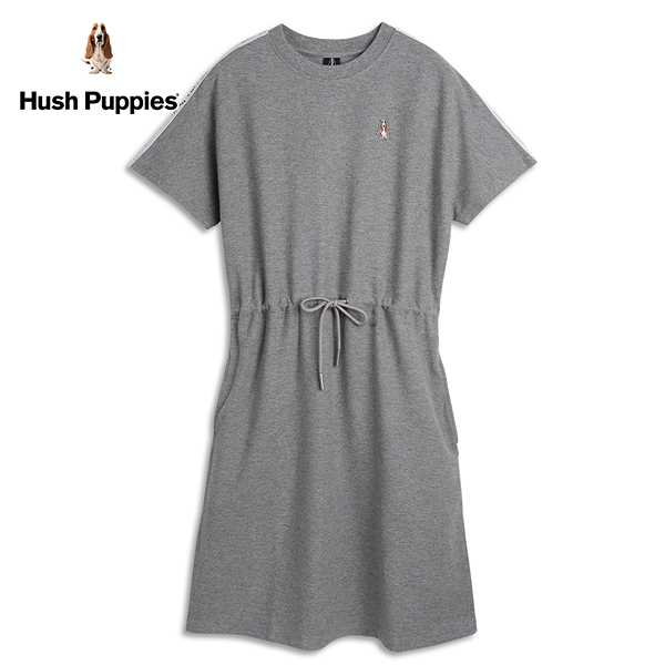 Hush Puppies 洋裝 女裝素色刺繡狗織帶腰抽繩洋裝