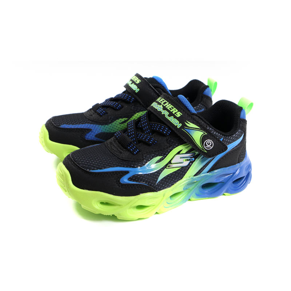 SKECHERS S-LIGHTS 運動鞋 電燈鞋 童鞋 魔鬼氈 黑/藍綠 400103LBBLM no594