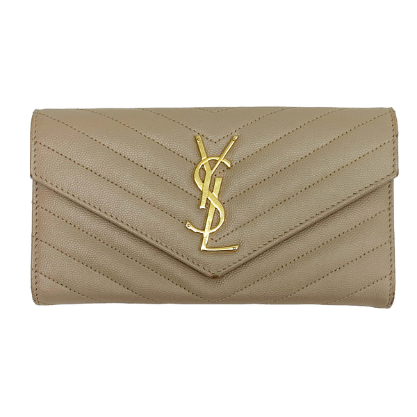 【二手名牌BRAND OFF】SAINT LAURENT YSL 聖羅蘭 【再降價】粉膚色 牛皮 金扣 長夾