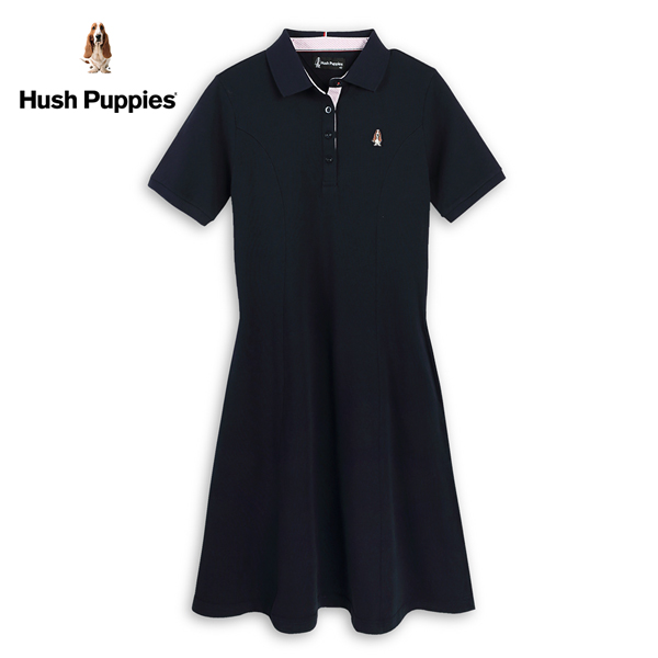 Hush Puppies 洋裝 女裝素色刺繡狗修身短袖POLO領洋裝