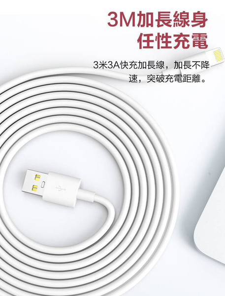 【韓氏】加長型3米長 iPhone/IPAD系列 Lightning 3A急速充電傳輸線(白)2入 product thumbnail 6