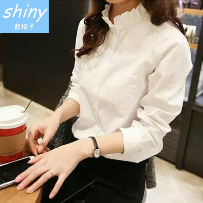 【V0209-1】shiny藍格子-瑕疵特賣．純色甜美花瓣領寬鬆長袖襯衫上衣