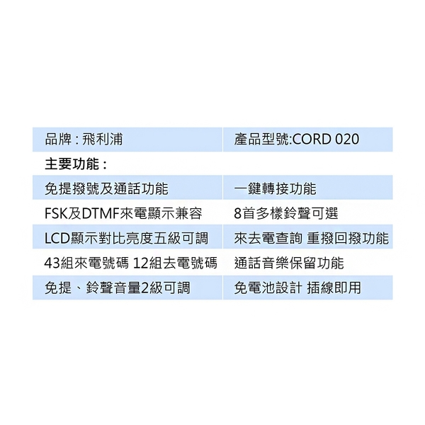 PHILIPS飛利浦 來電顯示有線電話 CORD020B/R/96 product thumbnail 10