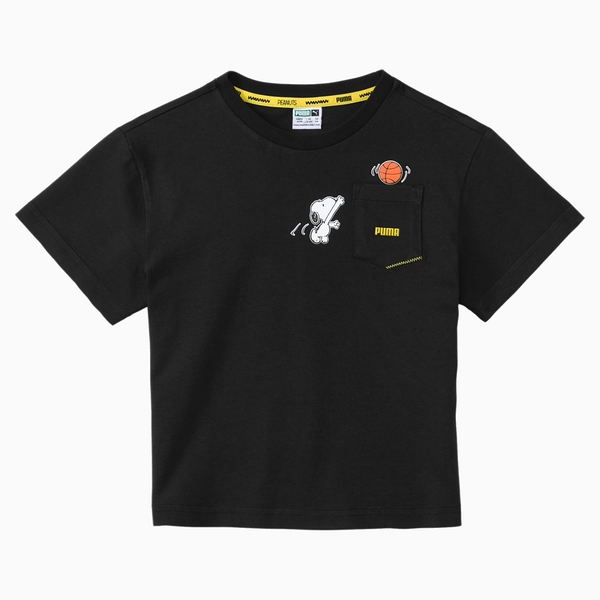 PUMA x PEANUTS 童裝 大童 短袖上衣 史努比聯名款 純棉 口袋 黑【運動世界】59945801