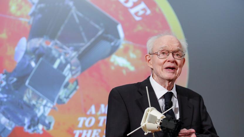 Dr. Eugene Parker, University of Chicago astrophysicist, smiles after receiving a first scale model of Parker Solar Probe during the NASA announcement on its first mission to fly directly into the sun's atmosphere at the University of Chicago in Chicago, Illinois, U.S. May 31, 2017. REUTERS/Kamil Krzaczynski