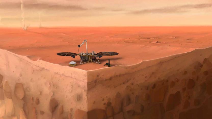 An artist's rendition of the InSight lander on Mars, showing a cross section of the planet's interior