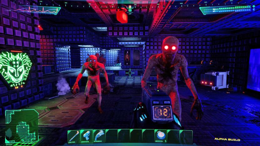 A screenshot from the video game remake of 'System Shock' showing two creatures approaching the FPS player.