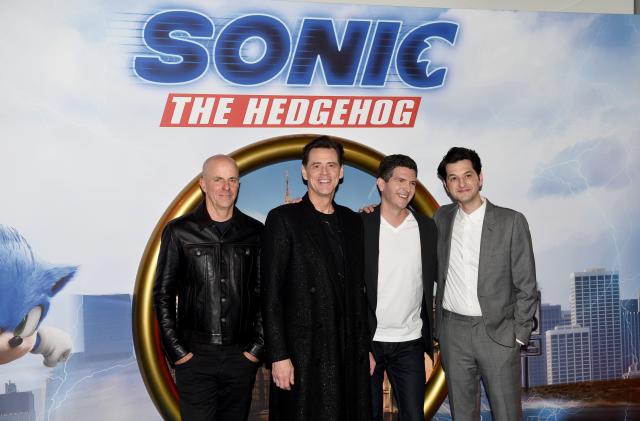 LONDON, ENGLAND - JANUARY 30: Neal H. Moritz, Jim Carrey, Jeff Fowler and Ben Schwartz attends the "Sonic The Hedgehog" Gala Screening at Vue Westfield on January 30, 2020 in London, England. (Photo by Kate Green/Getty Images)