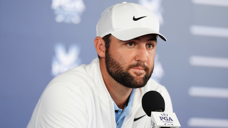 Getty Images - LOUISVILLE, KY - MAY 17: PGA golfer Scottie Scheffler speaks to the media following his arrest on Friday morning and following his round on May 17, 2024, during the 2024 PGA Championship at Valhalla Golf Club in Louisville, Kentucky. (Photo by Brian Spurlock/Icon Sportswire via Getty Images)