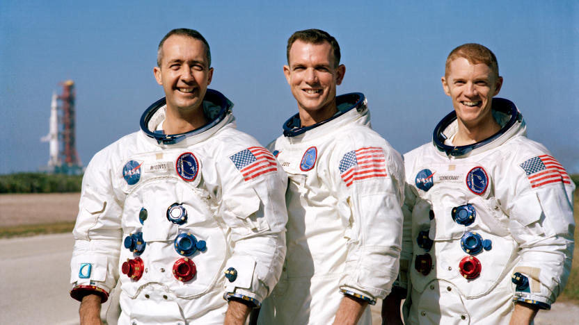 Prime crew of the Apollo 9 space mission. L to R, are James A. McDivitt, David R. Scott, and Russell L. Schweickart. (Photo by: HUM Images/Universal Images Group via Getty Images)
