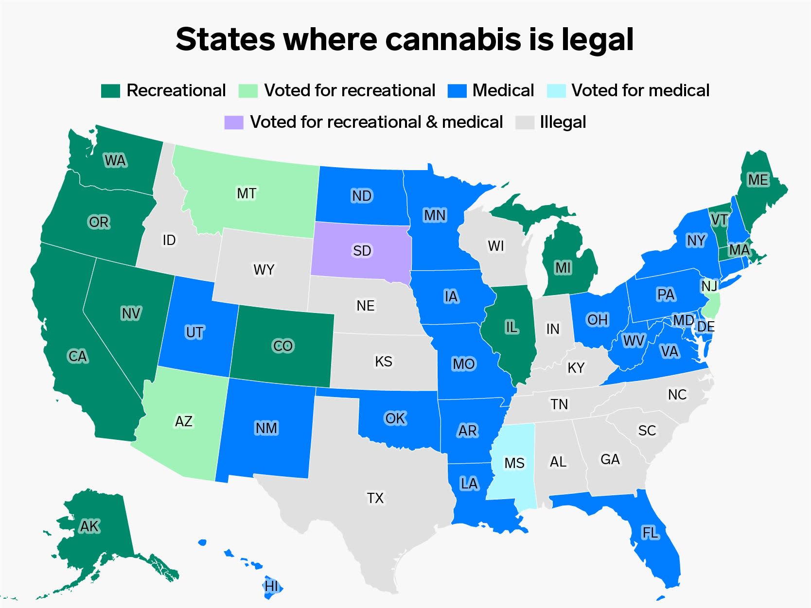 All the states where marijuana is legal and 5 more that voted to