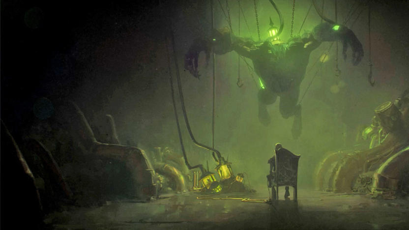 Artwork with dark lighting showing a character sitting in a chair in a murky cave with a large monster hanging above them.