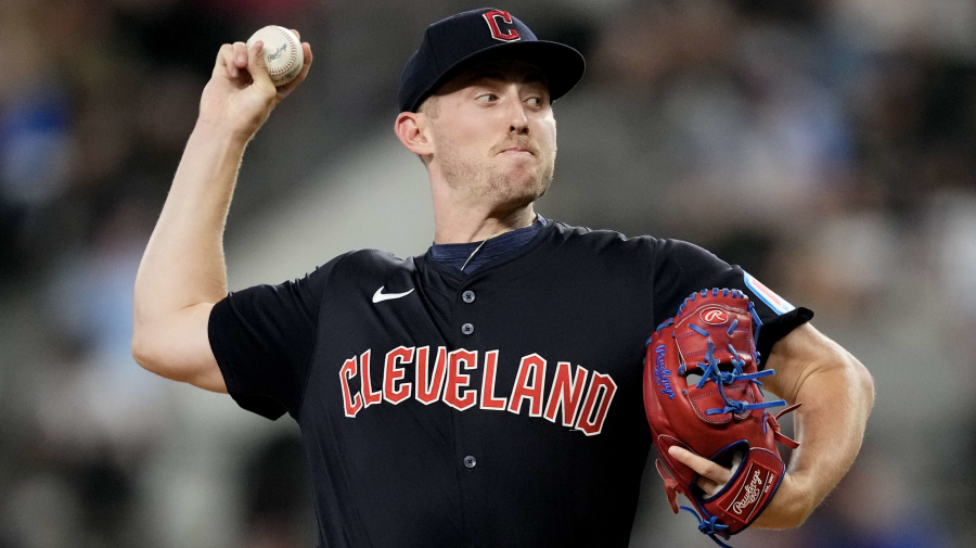 Getty Images - ARLINGTON, TEXAS - MAY 13: Tanner Bibee #28 of the Cleveland Guardians pitches during the first inning against the Texas Rangers at Globe Life Field on May 13, 2024 in Arlington, Texas. (Photo by Sam Hodde/Getty Images)