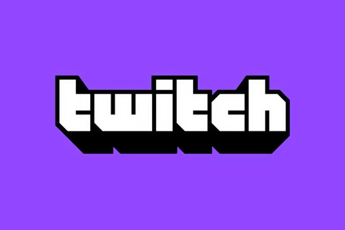 Twitch logo: retro-style boxy font in white with a hard black drop shadow against a purple background.