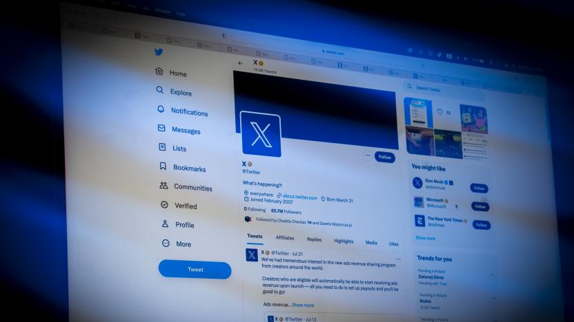 The Twitter home page with the new X logo is seen in this photo illustration on 24 July, 2023 in Warsaw, Poland. (Photo by Jaap Arriens/NurPhoto via Getty Images)